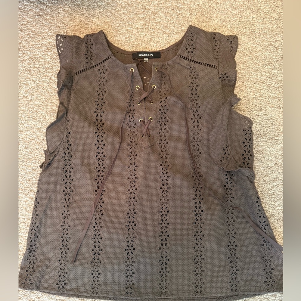 🛍️🛍️Sugarlips Brown Eyelet Lace-Up Blouse